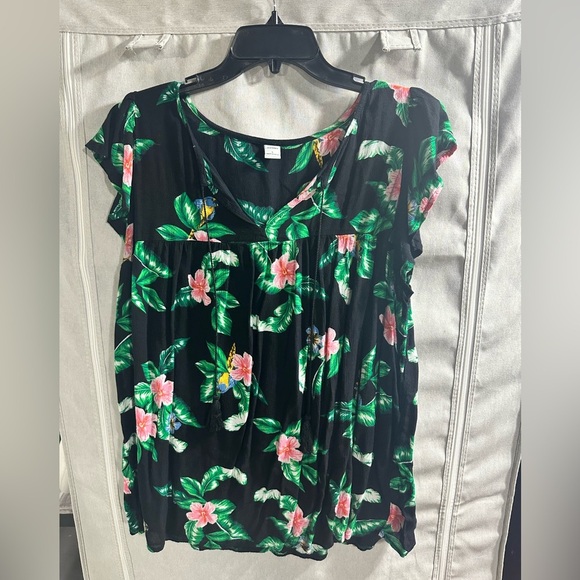 Old Navy Black Floral Ruffle Tassel Short Sleeve Blouse Size Large - Picture 1 of 4